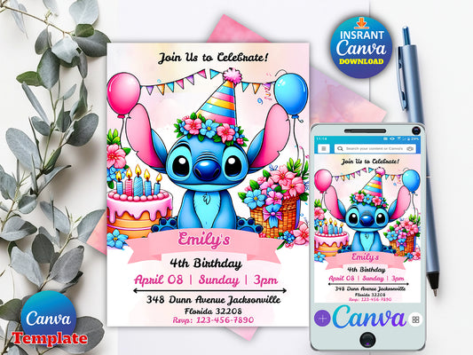 Stitch Birthday Invitation Editable Template(Printable)
