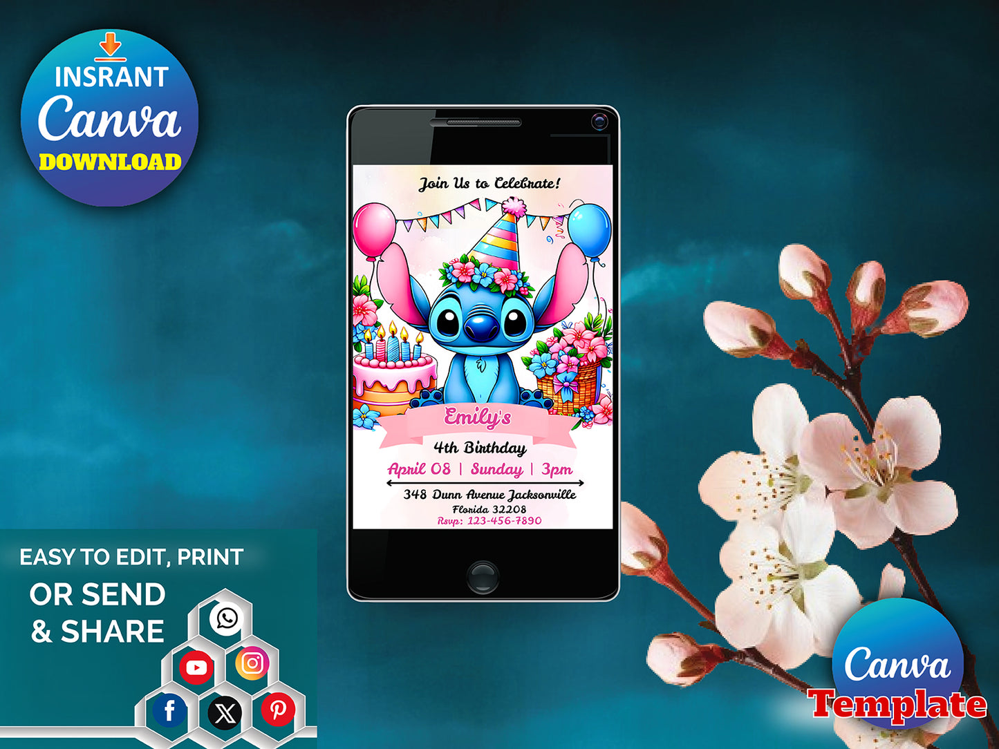 Stitch Birthday Invitation Editable Template(Printable)