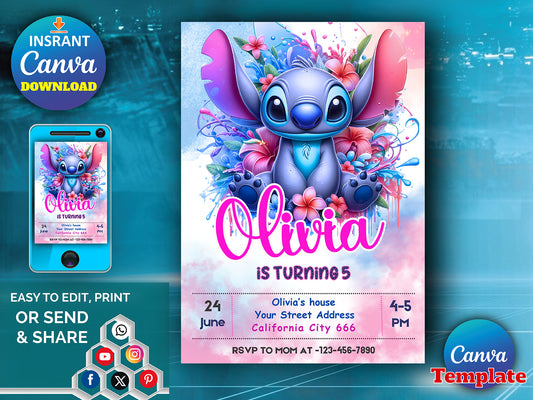 Stitch Birthday Invitation Editable Template(Printable)