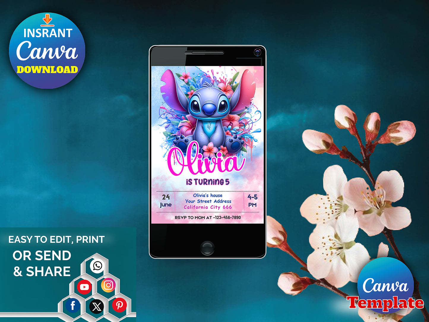 Stitch Birthday Invitation Editable Template(Printable)