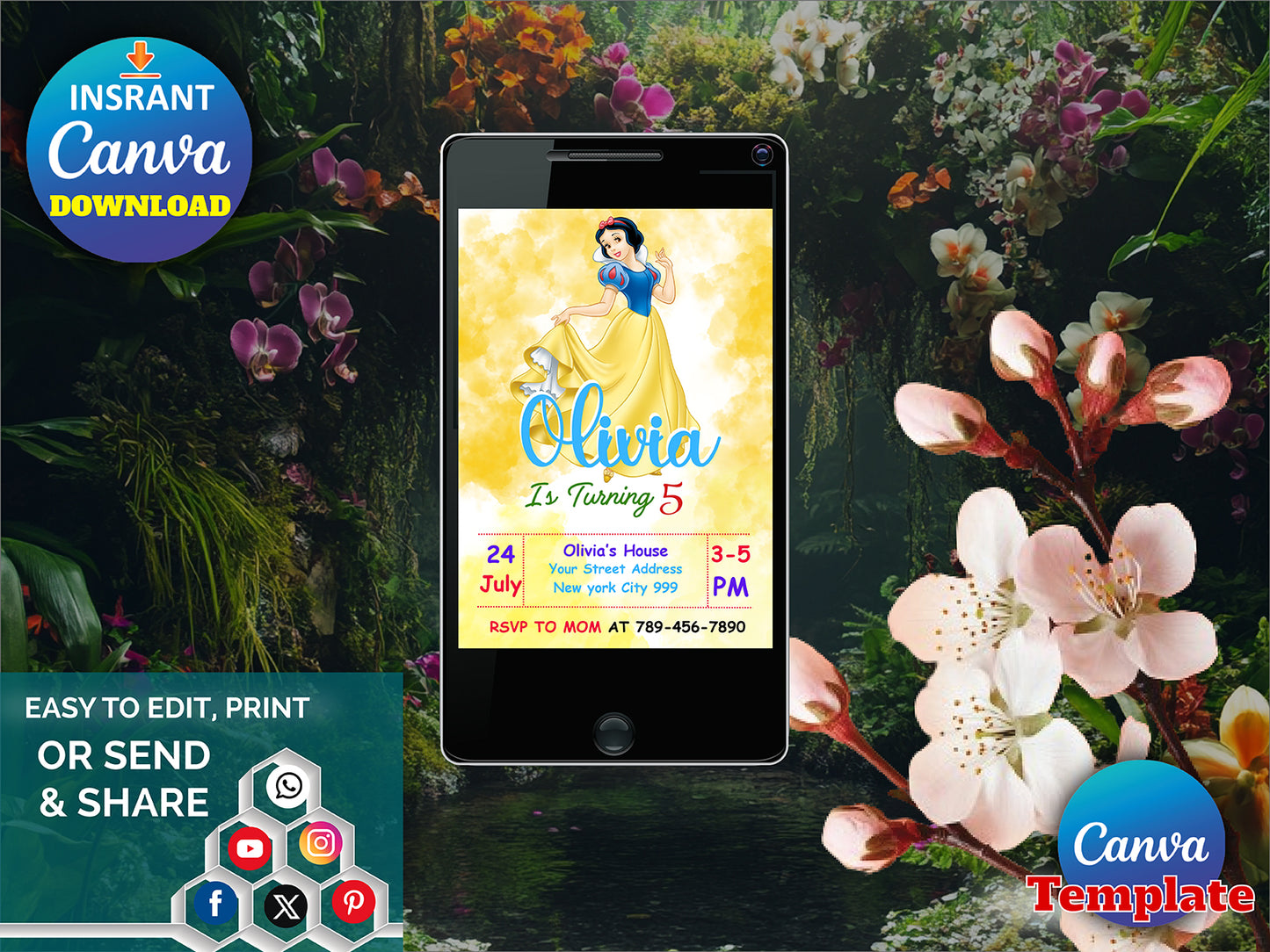 Watercolor Snow White Birthday Invitation(Printable)