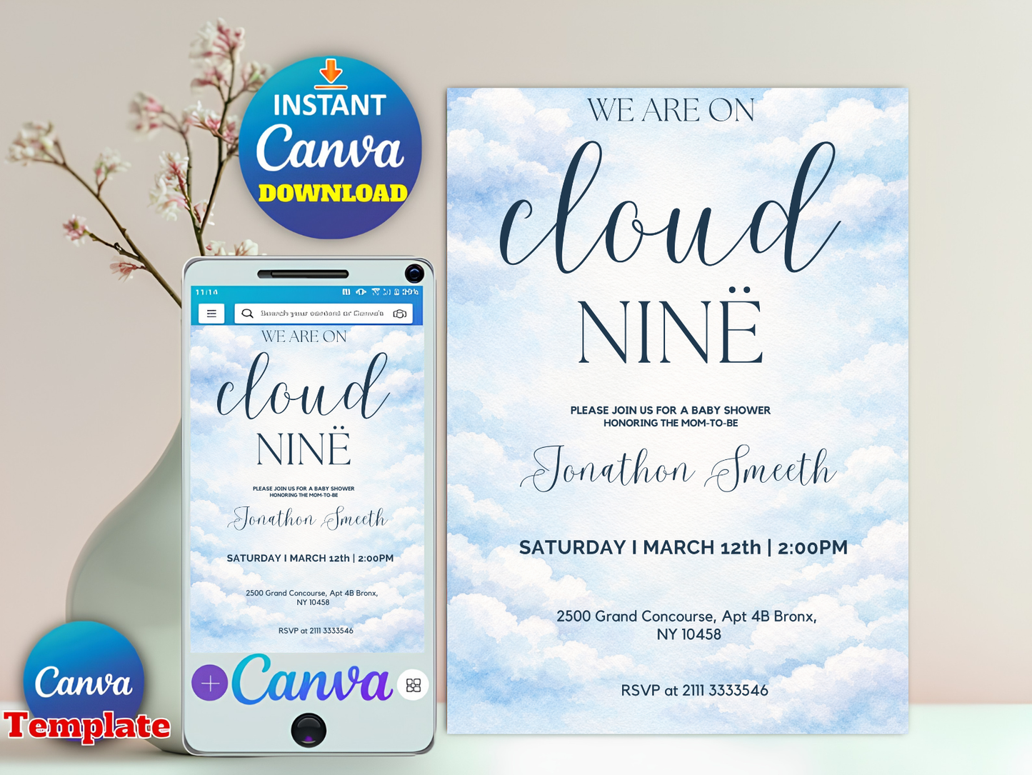 Editable On Cloud 9 Baby Shower Invitation