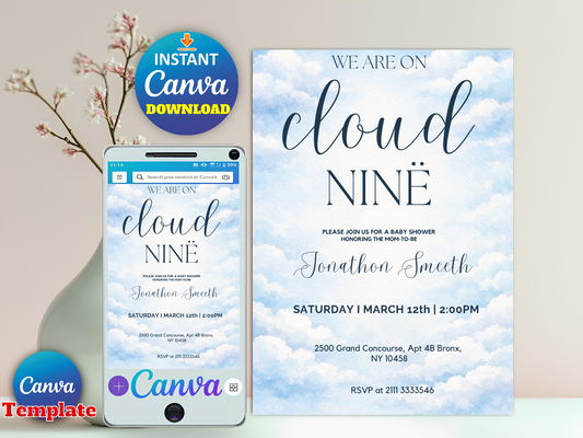 Editable On Cloud 9 Baby Shower Invitation