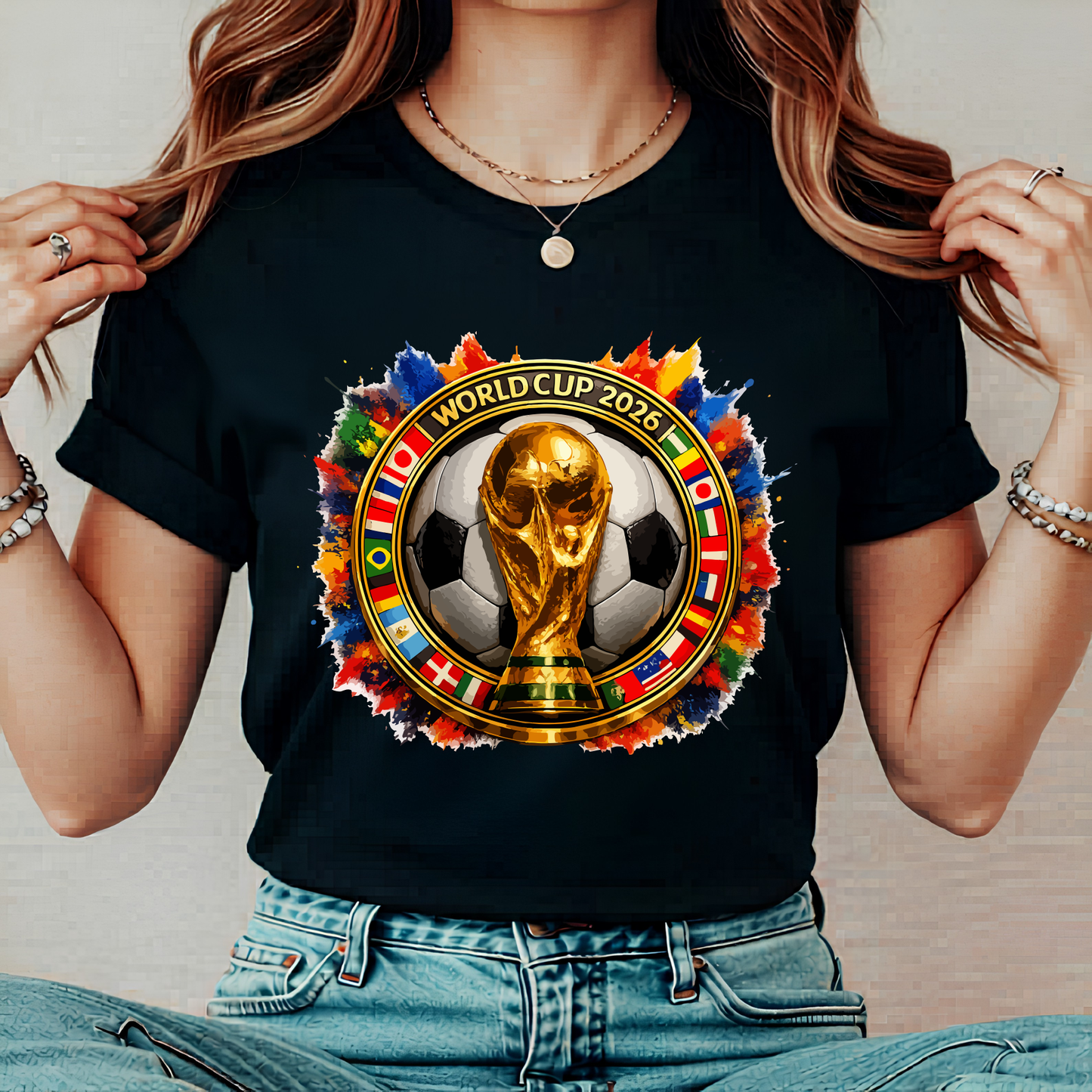 Official World Cup 2026 Colorful Soccer Trophy Graphic T-Shirt (physical)