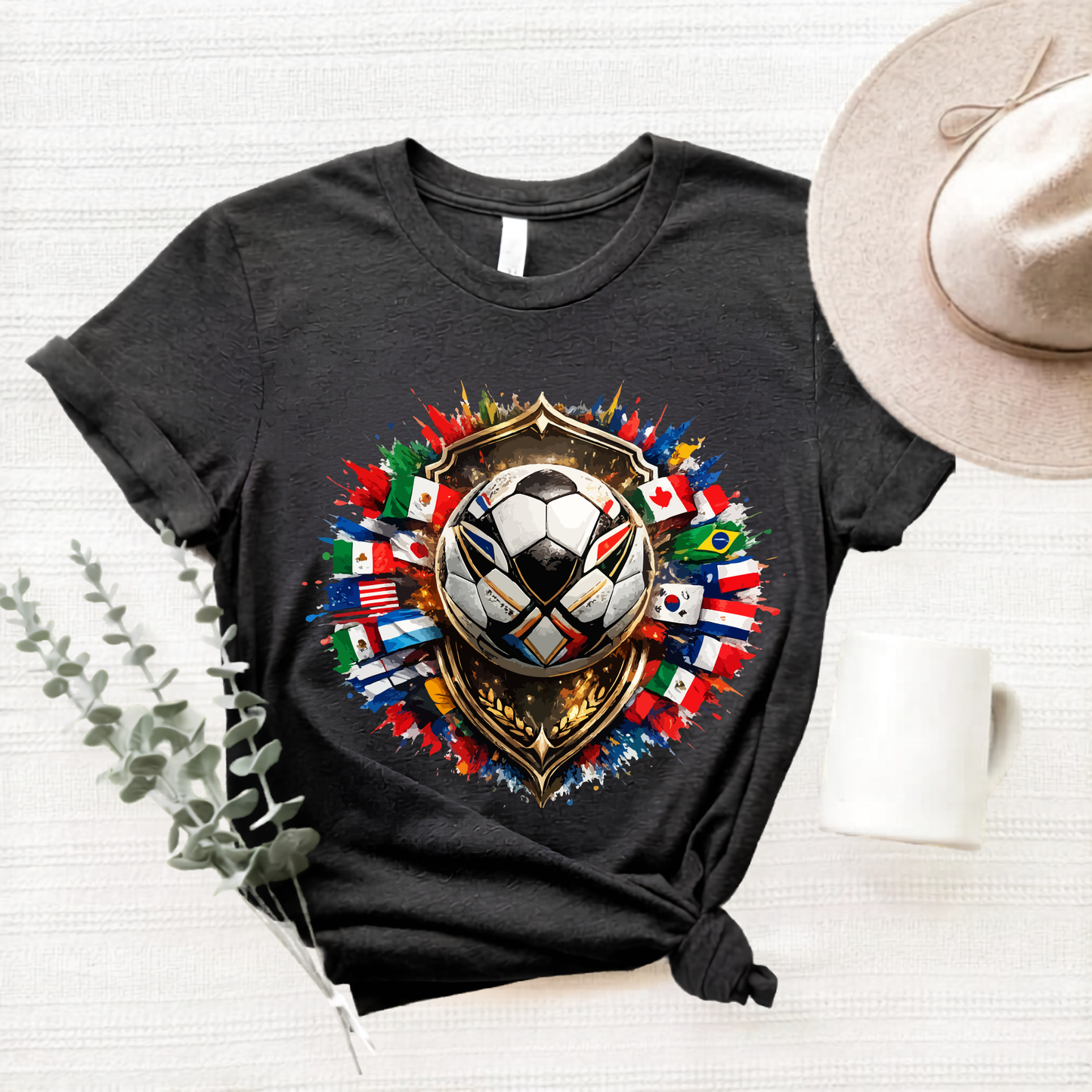 Global Flags Soccer Shield T-Shirt - 2026 World Cup International Football Fan Tee (physical)