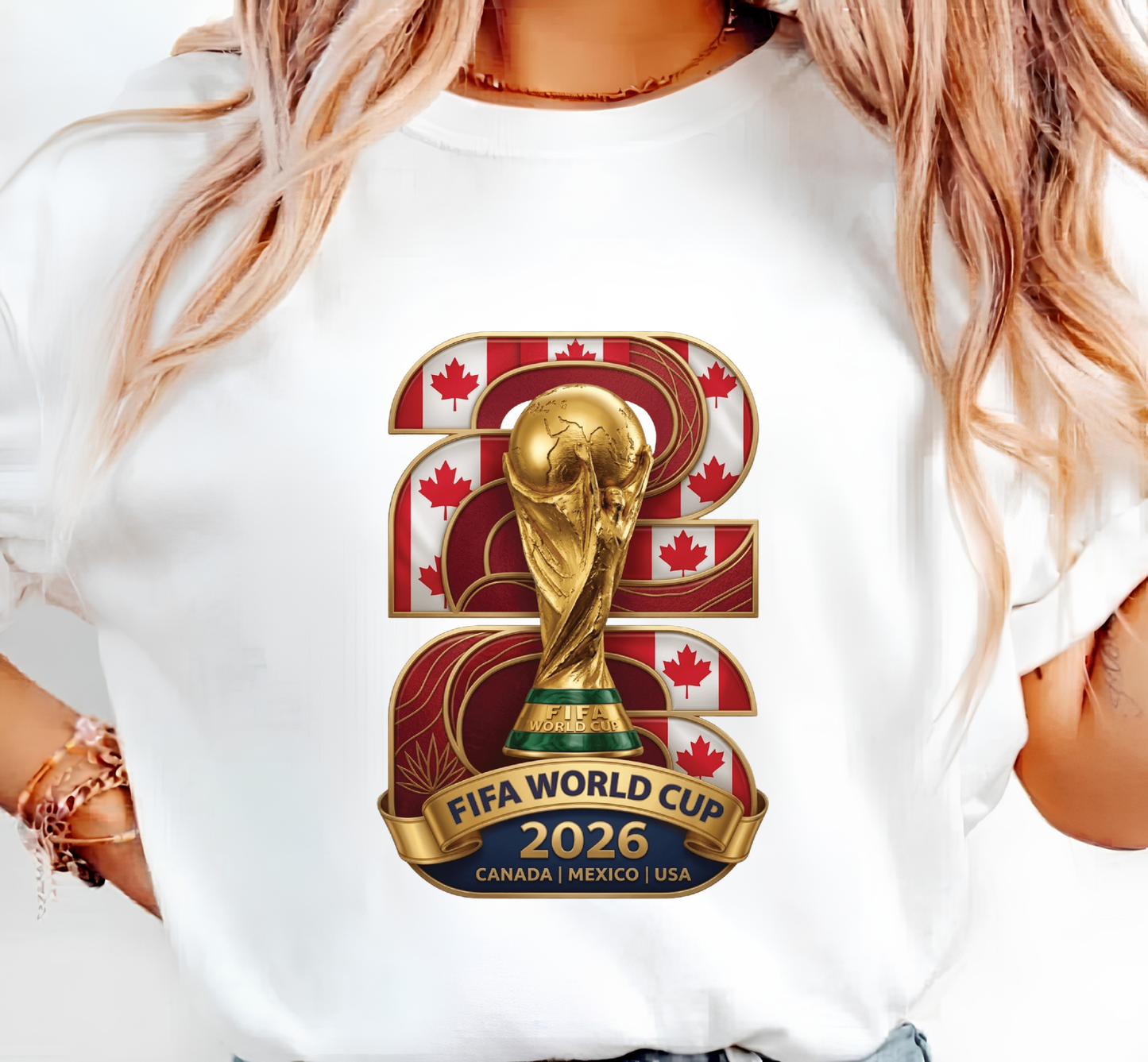 FIFA World Cup 2026 Gold Trophy Canada Emblem White T-Shirt (physical)