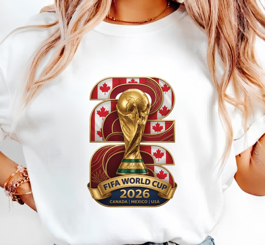 FIFA World Cup 2026 Gold Trophy Canada Emblem White T-Shirt (physical)