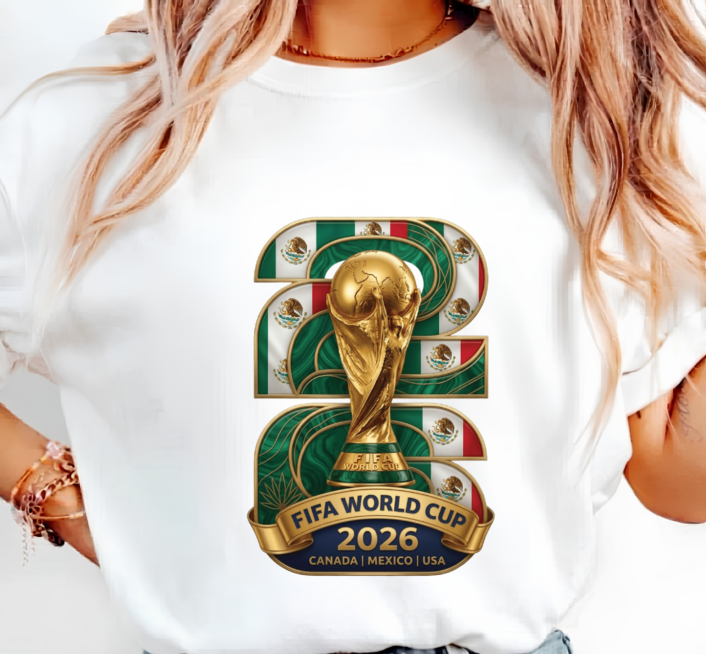 FIFA World Cup 2026 Gold Trophy Mexico Emblem White T-Shirt (physical)