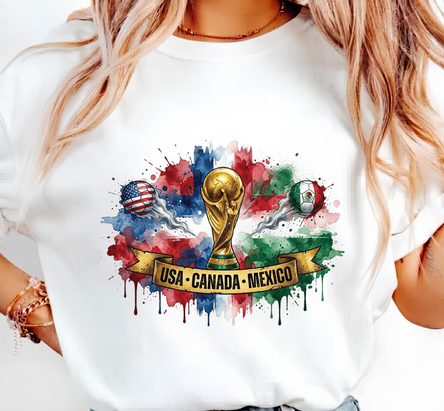 FIFA World Cup 2026 USA-Canada-Mexico Ribbon Watercolor Splash T-Shirt (physical)