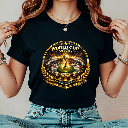 FIFA World Cup 2026 Golden Stadium Emblem Black Graphic T-Shirt (physical)