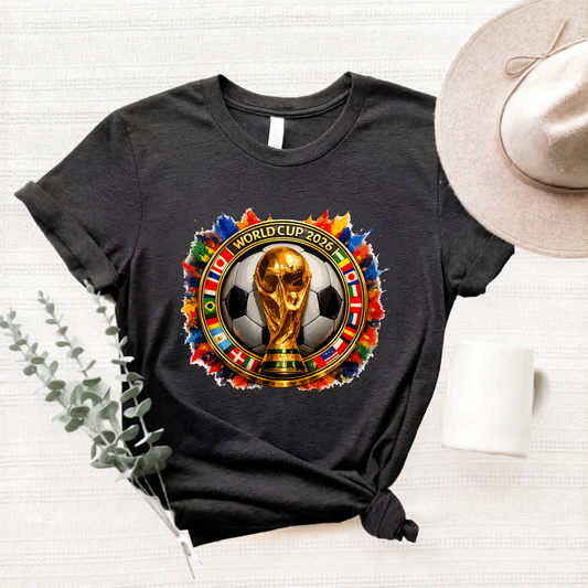 Official World Cup 2026 Colorful Soccer Trophy Graphic T-Shirt (physical)
