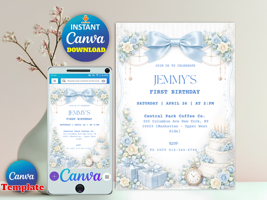 Editable Elegant Blue Rose 1st Birthday Invitation Template | Coquette Blue Bow Party Invite (Degital Template)