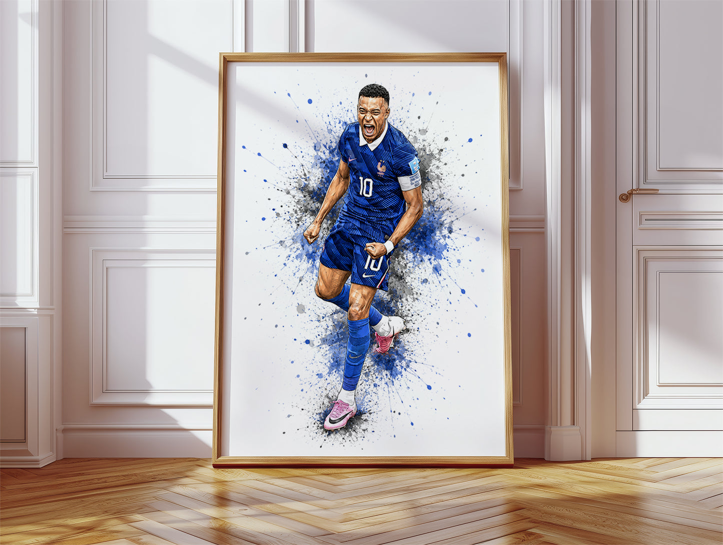 Kylian Mbappe France Intense Passion Poster Number 10 Blue Watercolor Splash Wall Art (Printable+Physical)