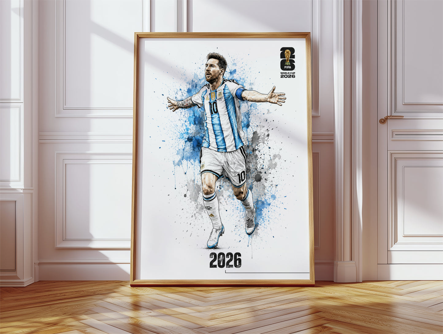 Lionel Messi Argentina 2026 World Cup Poster Arms Outstretched Watercolor Football Wall Art (Printable+Physical)