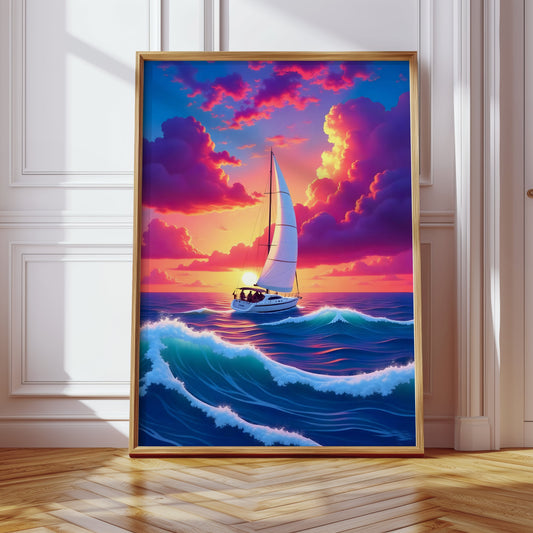 Colourful Boat Oil Painting Impasto Fishermen in Canoe at Sunset Boat Print Wall Art(Printable+Physical)