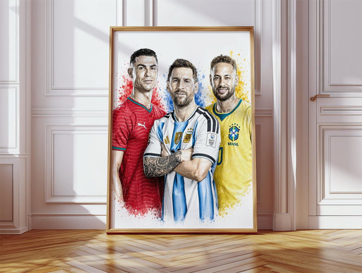 Football Triumvirate Messi Ronaldo Neymar Poster Trio Legends Watercolor Sketch Wall Art (Printable+Physical)