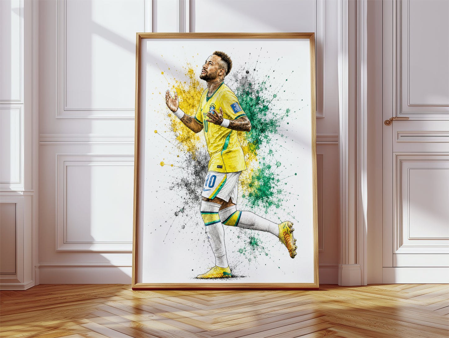 Neymar Jr Brazil Looking Up to Sky Gratitude Celebration Watercolor Splatter Art Poster (Printable+Physical)