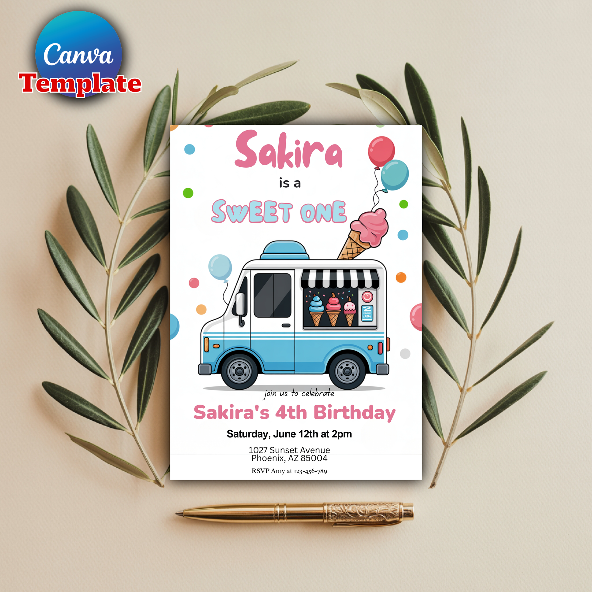 Ice cream truck birthday invitation editable Canva template