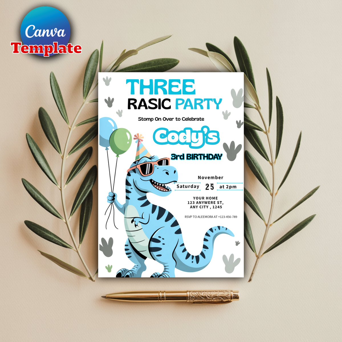 Editable Dinosaur 3rd Birthday Party Invitation T-Rex Dinosaur 3rd Birthday Party Cute Dinosaur 3rd Birthday Party Download 2PT