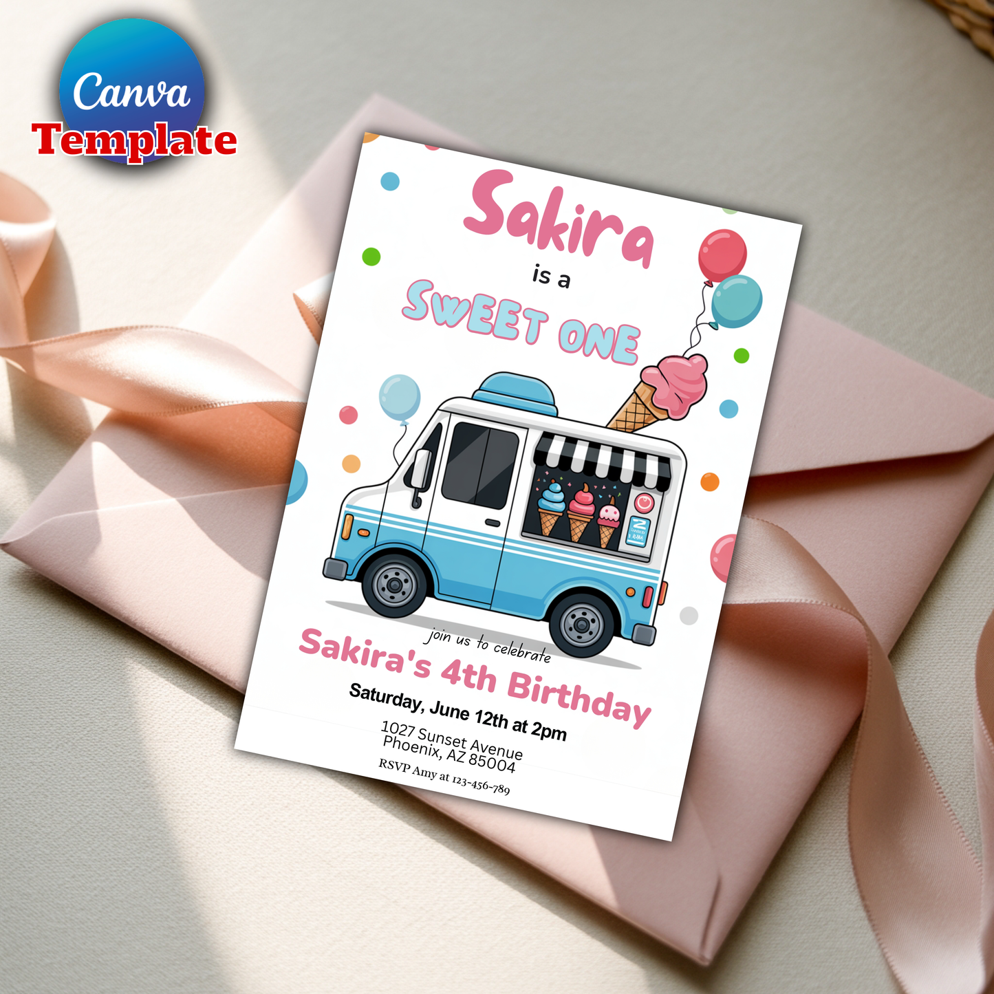 Editable ice cream truck invitation with envelope mockup