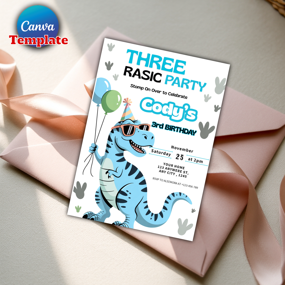 Editable Dinosaur 3rd Birthday Party Invitation T-Rex Dinosaur 3rd Birthday Party Cute Dinosaur 3rd Birthday Party Download 2PT