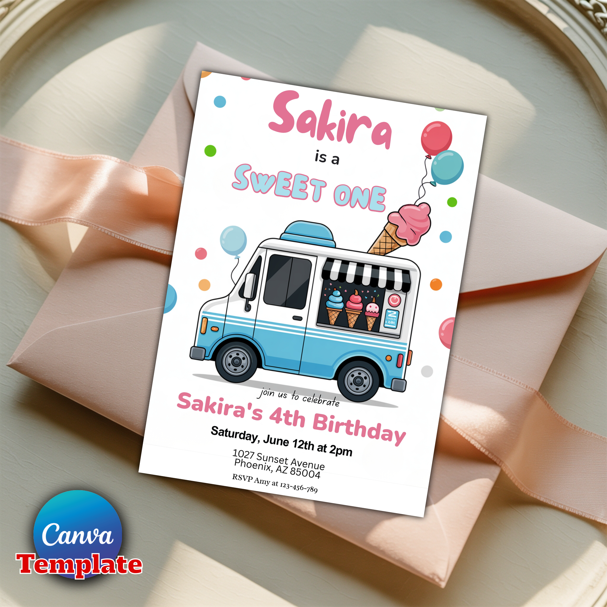 Ice cream truck birthday invitation printable 5x7 inches