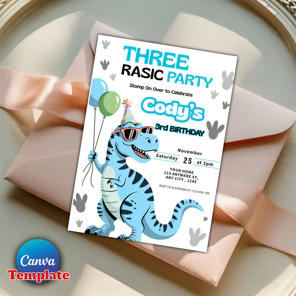 Editable Dinosaur 3rd Birthday Party Invitation T-Rex Dinosaur 3rd Birthday Party Cute Dinosaur 3rd Birthday Party Download 2PT