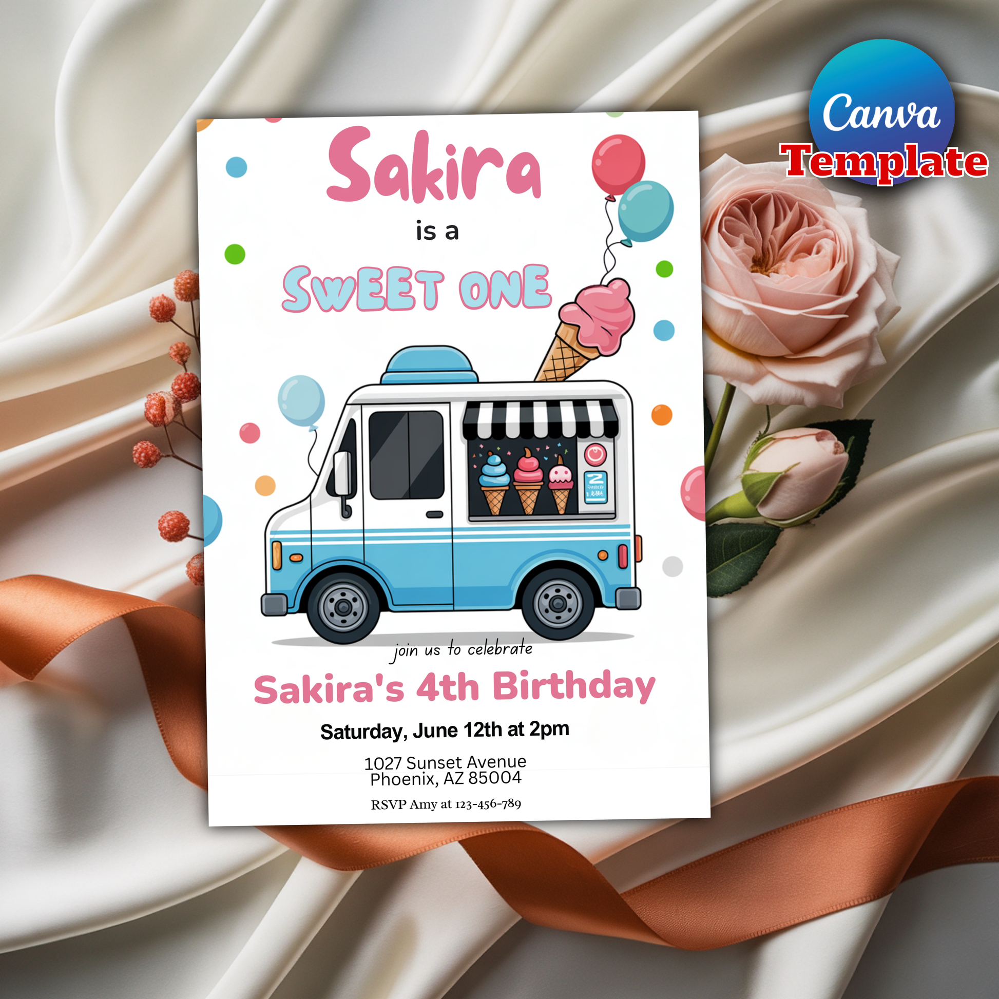Ice cream truck invitation flat lay with pen