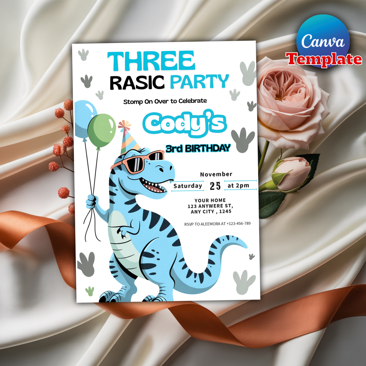 Editable Dinosaur 3rd Birthday Party Invitation T-Rex Dinosaur 3rd Birthday Party Cute Dinosaur 3rd Birthday Party Download 2PT