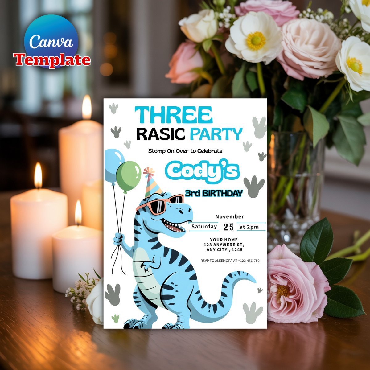 Editable Dinosaur 3rd Birthday Party Invitation T-Rex Dinosaur 3rd Birthday Party Cute Dinosaur 3rd Birthday Party Download 2PT