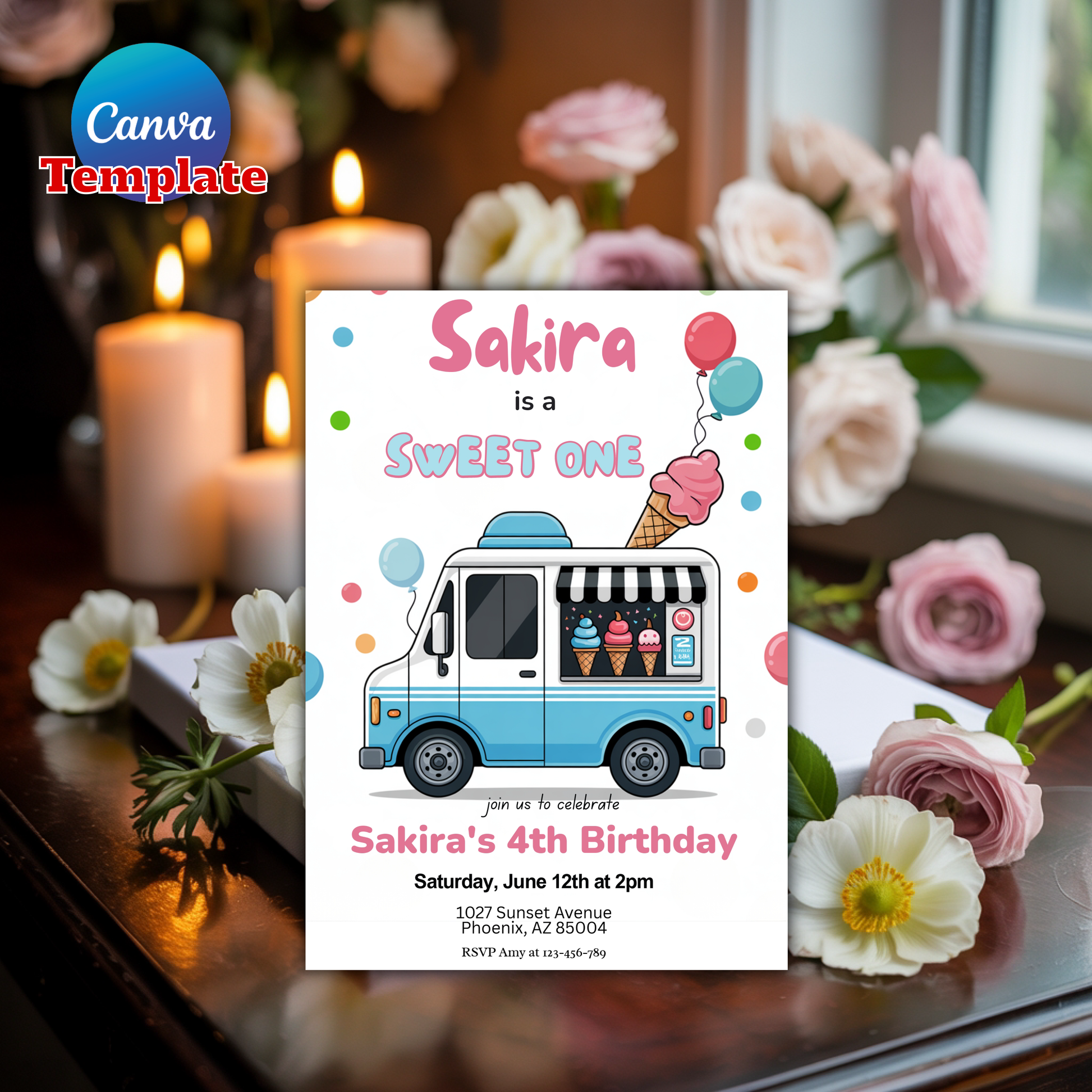 Ice cream truck party invitation with candles and flowers