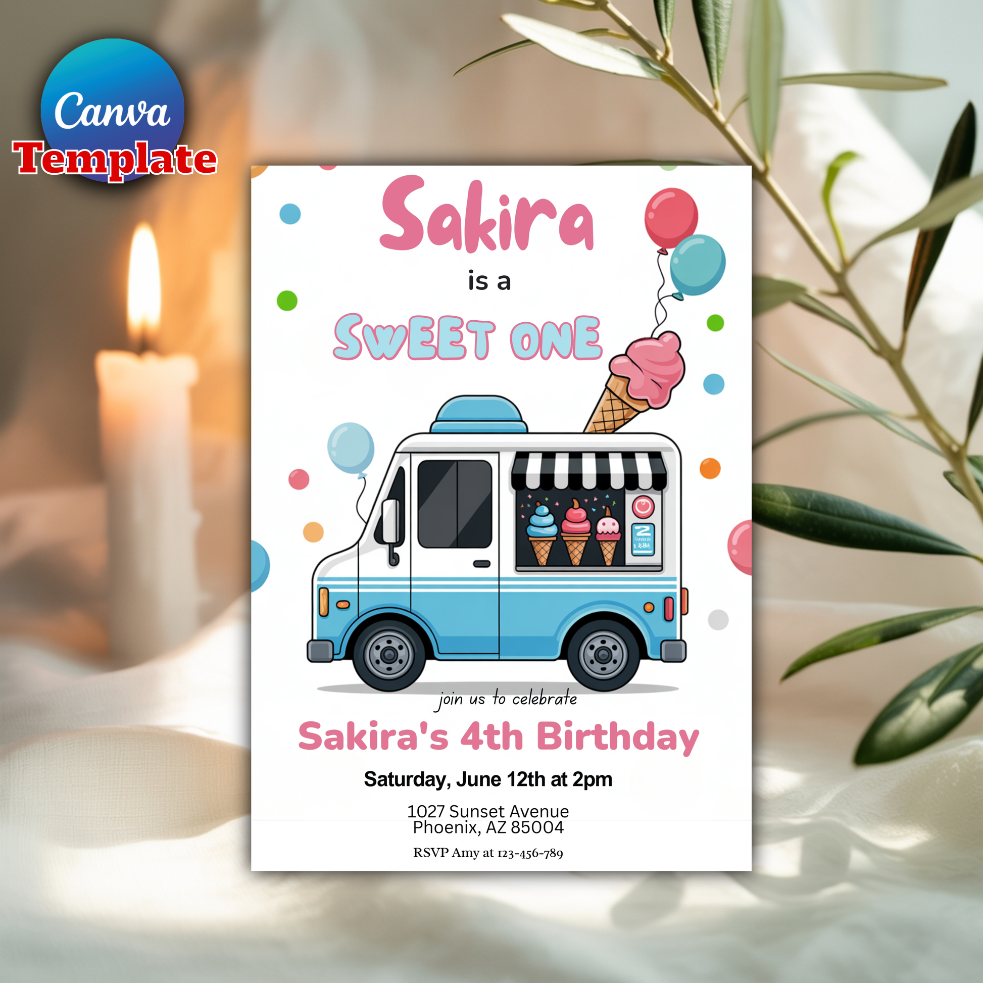  Ice cream truck invitation on satin ribbon