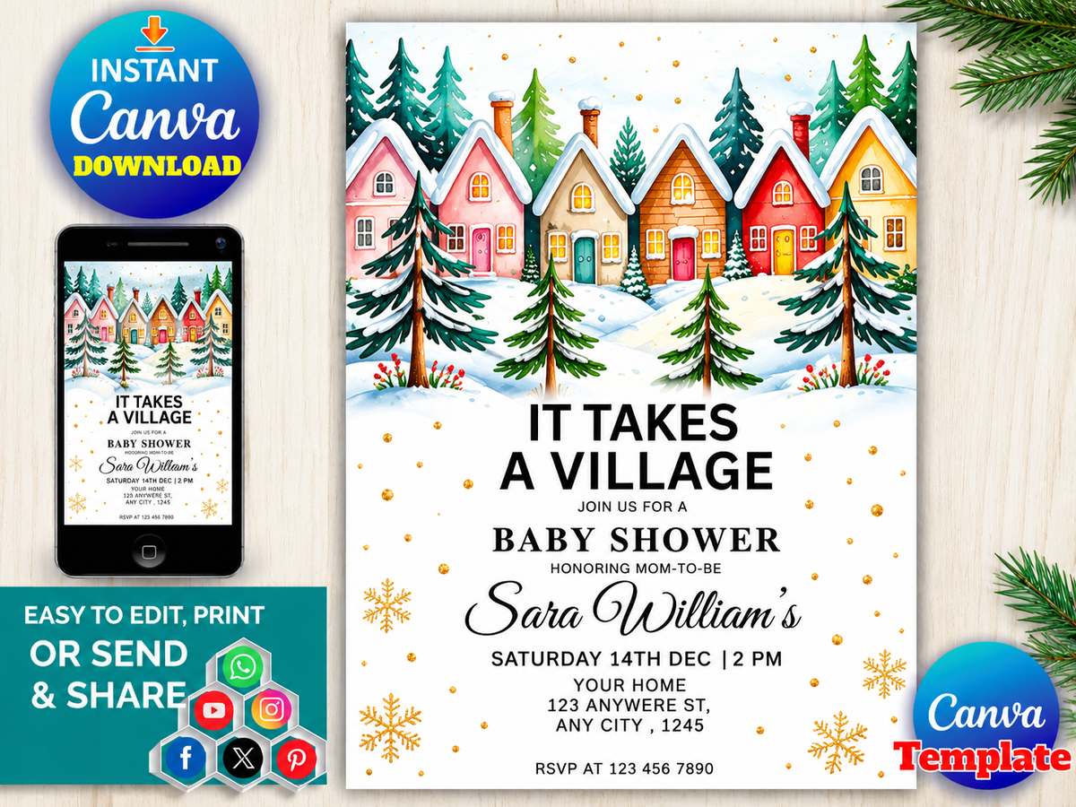 It Takes a Village Baby Shower Invitation, editable template, winter, pink, baby girl shower, Christmas, snow, 5x7, Canva, instant download