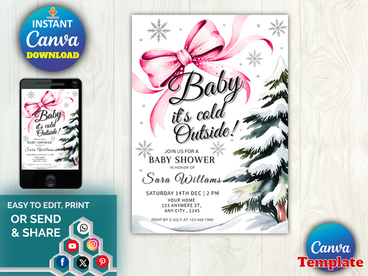 Pink Bow Baby It's Cold Outside Baby Shower Invitation Template Christmas Holiday Snowflake Snowfall Winter Wonderland Elegant Shower Invite