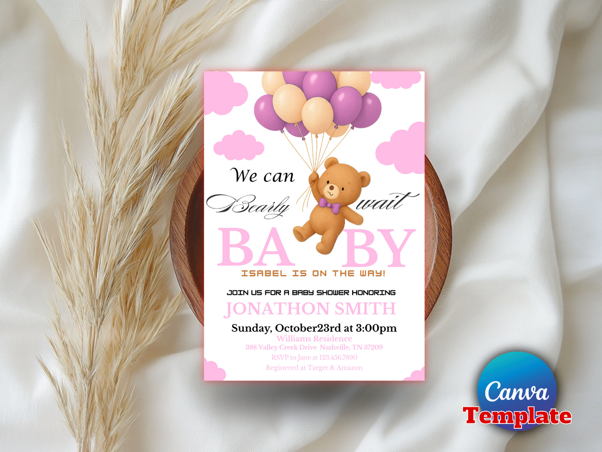 Editable Brown Bear Balloon Baby Shower Invitation Bundle, We Can Bearly Wait Baby Shower Invite, Pink Boho Bear Girl Baby Shower, BBS389