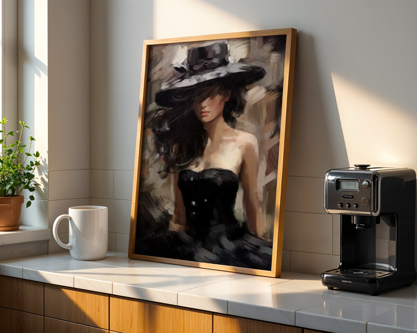 Elegant woman canvas print in wooden frame for living room decor