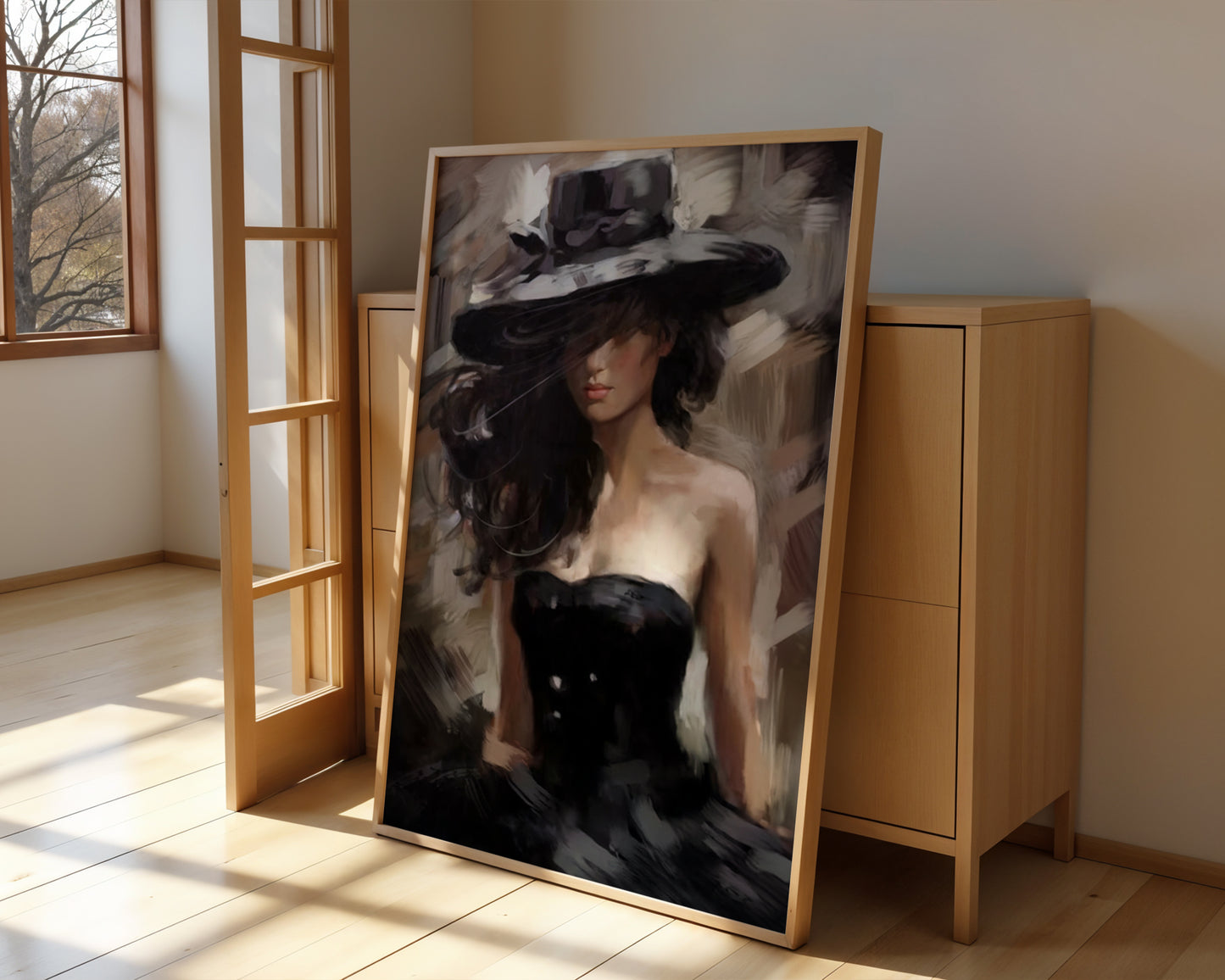 Black dress canvas wall art displayed in a modern bedroom