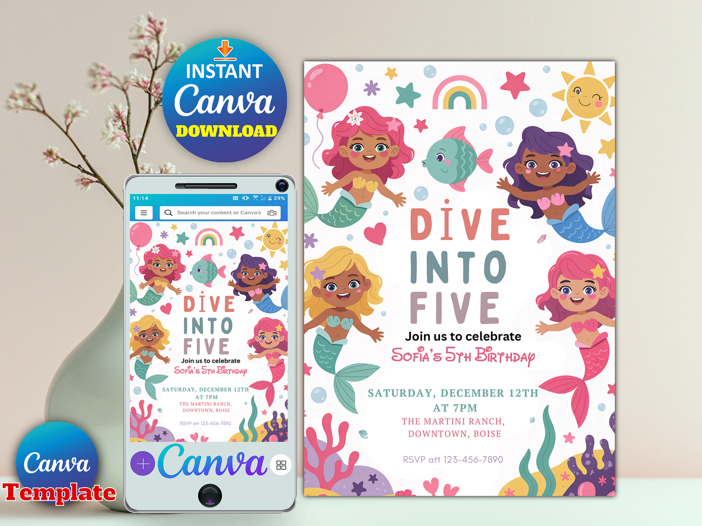 Editable Mermaid Dive Into Five Birthday Party Invitation Cute Whimsical Girly Mermaid Under The Sea Mermaid Birthday Instant Download