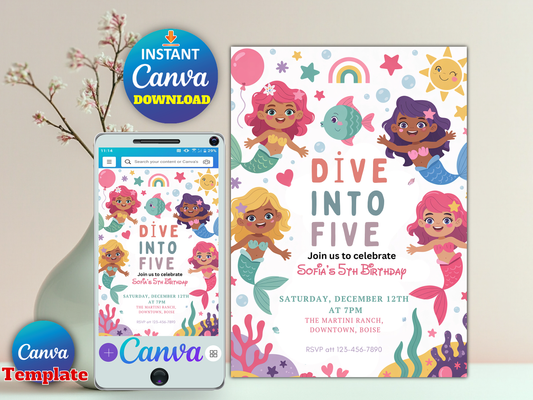 Editable Mermaid Dive Into Five Birthday Party Invitation Cute Whimsical Girly Mermaid Under The Sea Mermaid Birthday Instant Download