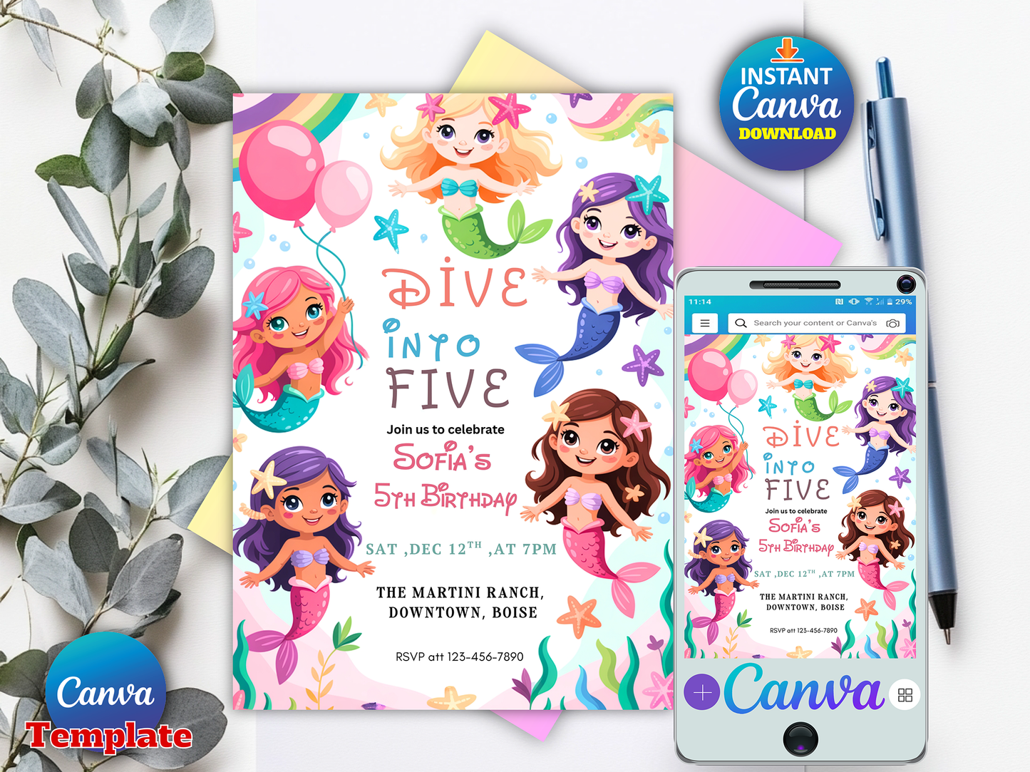 Editable Mermaid Dive Into Five Birthday Party Invitation Cute Whimsical Girly Mermaid Under The Sea Mermaid Birthday Instant Download