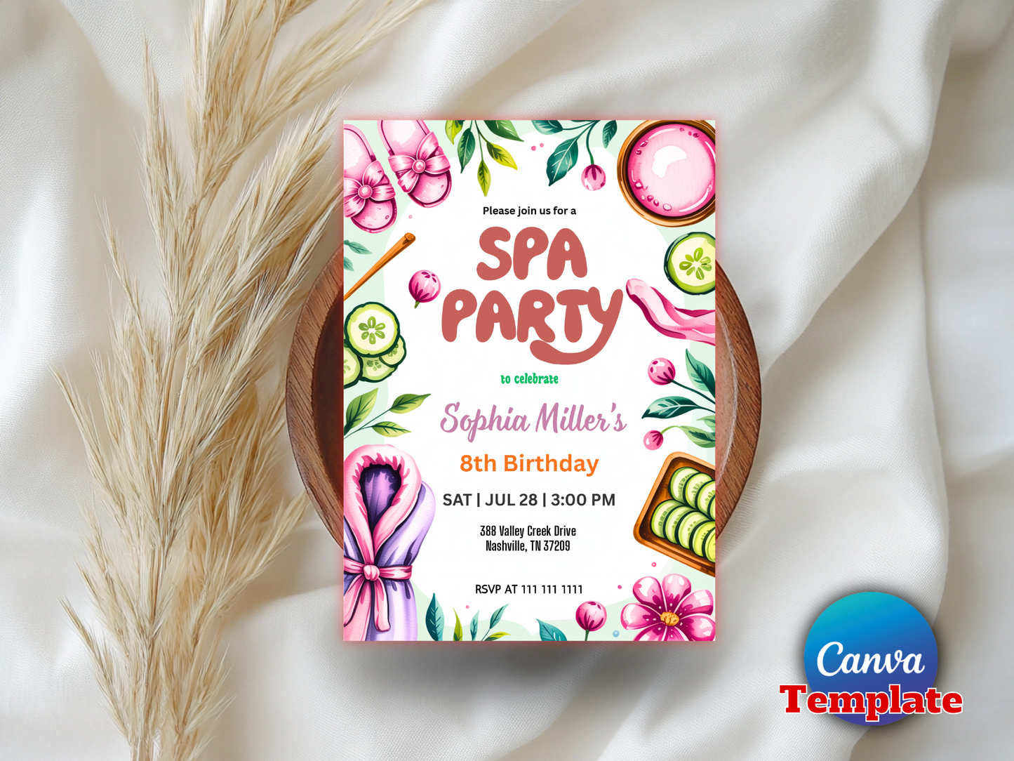 Girls Spa Birthday, Spa Party Birthday Invitation, Pamper Party Invite, Glam Party Birthday, Editable Template, Phone Invite, Print Invite
