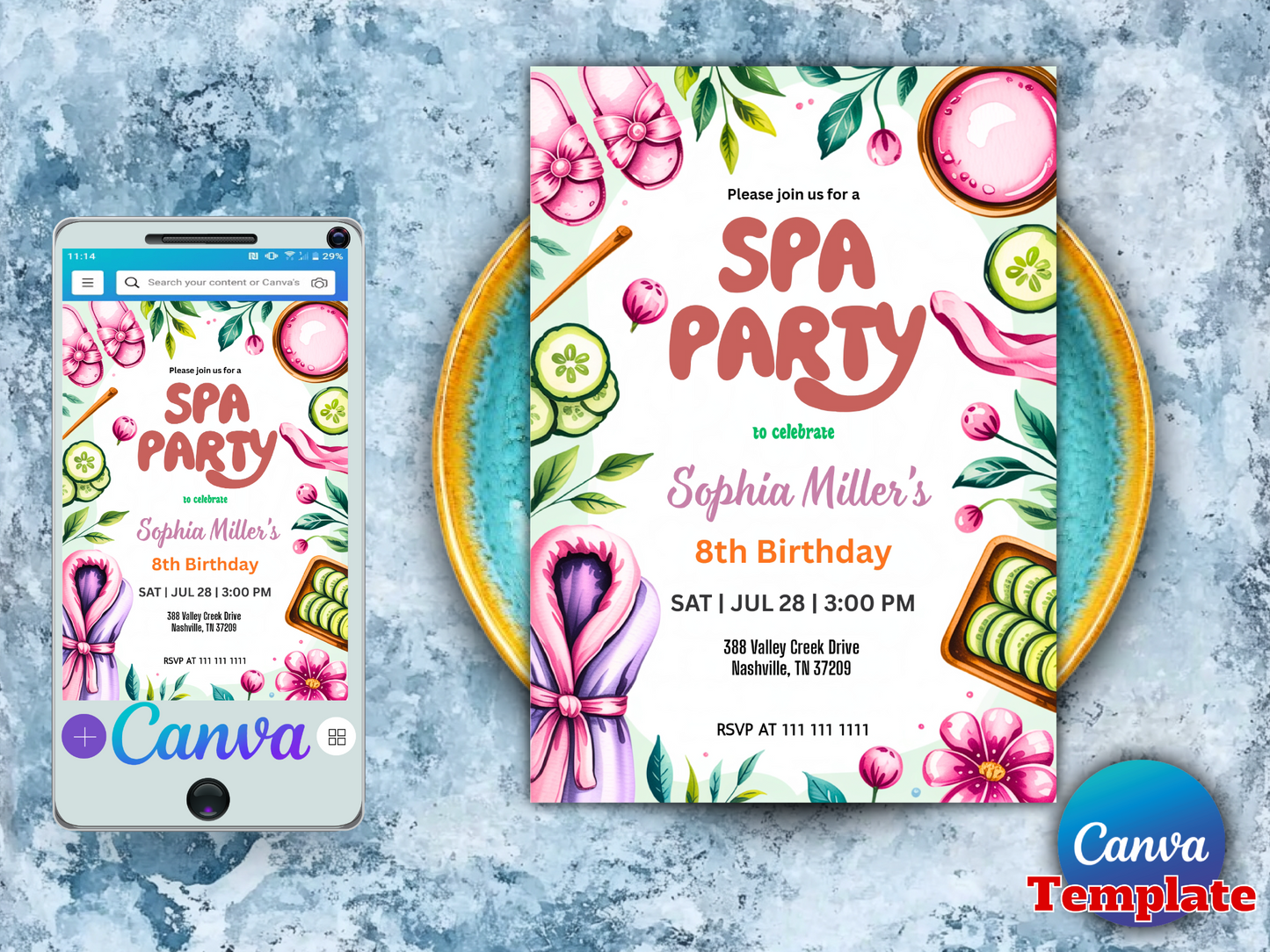 Girls Spa Birthday, Spa Party Birthday Invitation, Pamper Party Invite, Glam Party Birthday, Editable Template, Phone Invite, Print Invite