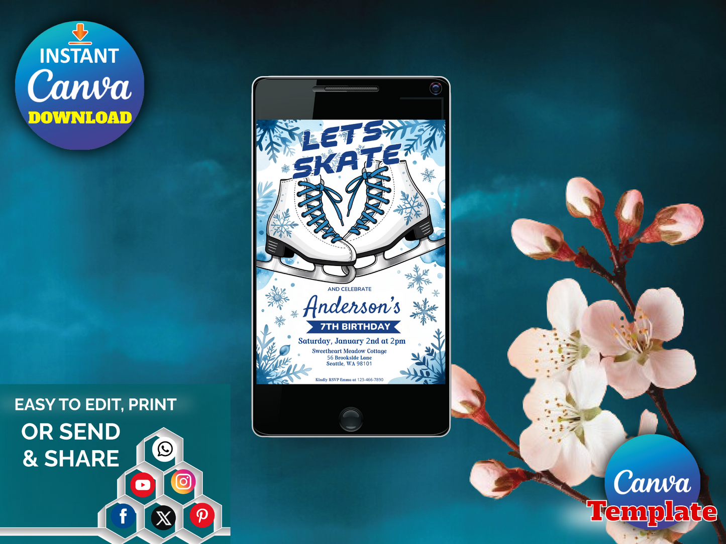 Ice Skating Birthday Party Invitation, Ice skating Invite, Winter Skate Party Invite Template, Snowflake Birthday, Editable Canva Template