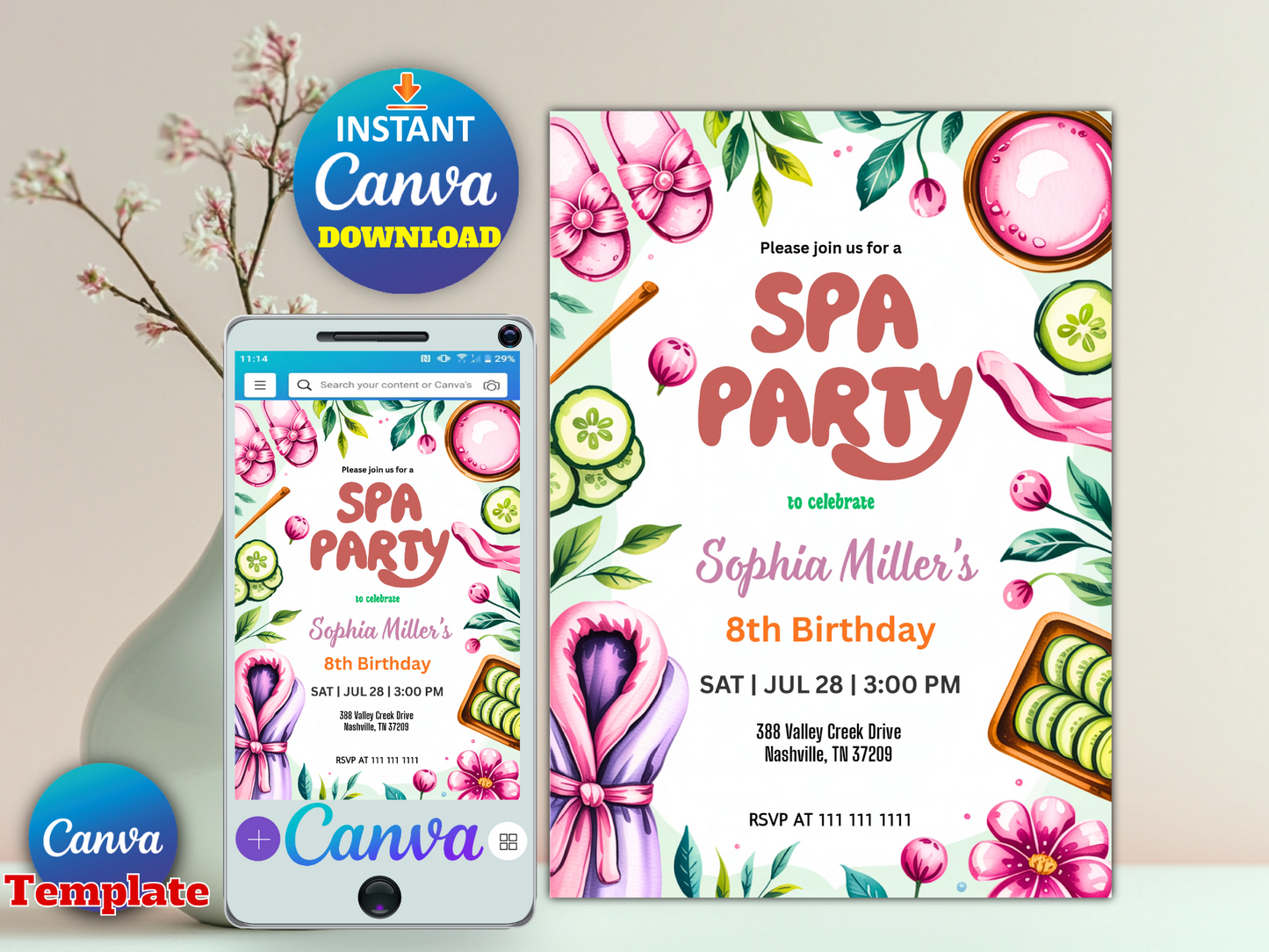 Girls Spa Birthday, Spa Party Birthday Invitation, Pamper Party Invite, Glam Party Birthday, Editable Template, Phone Invite, Print Invite