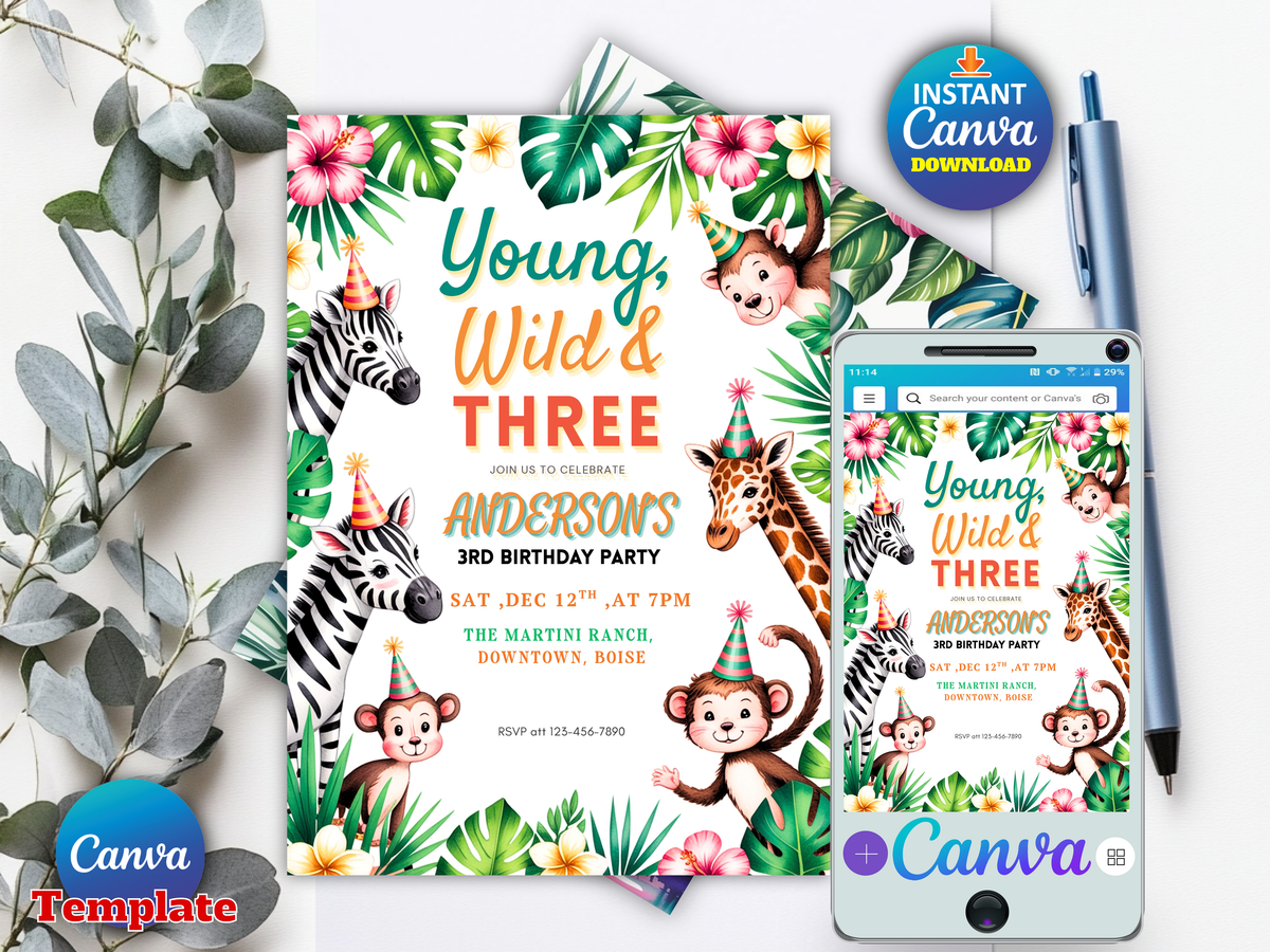 Young Wild and Three Birthday Invitation Editable Template, Safari Jungle 3rd Birthday Invite, Zoo Animals Party, Canva Template