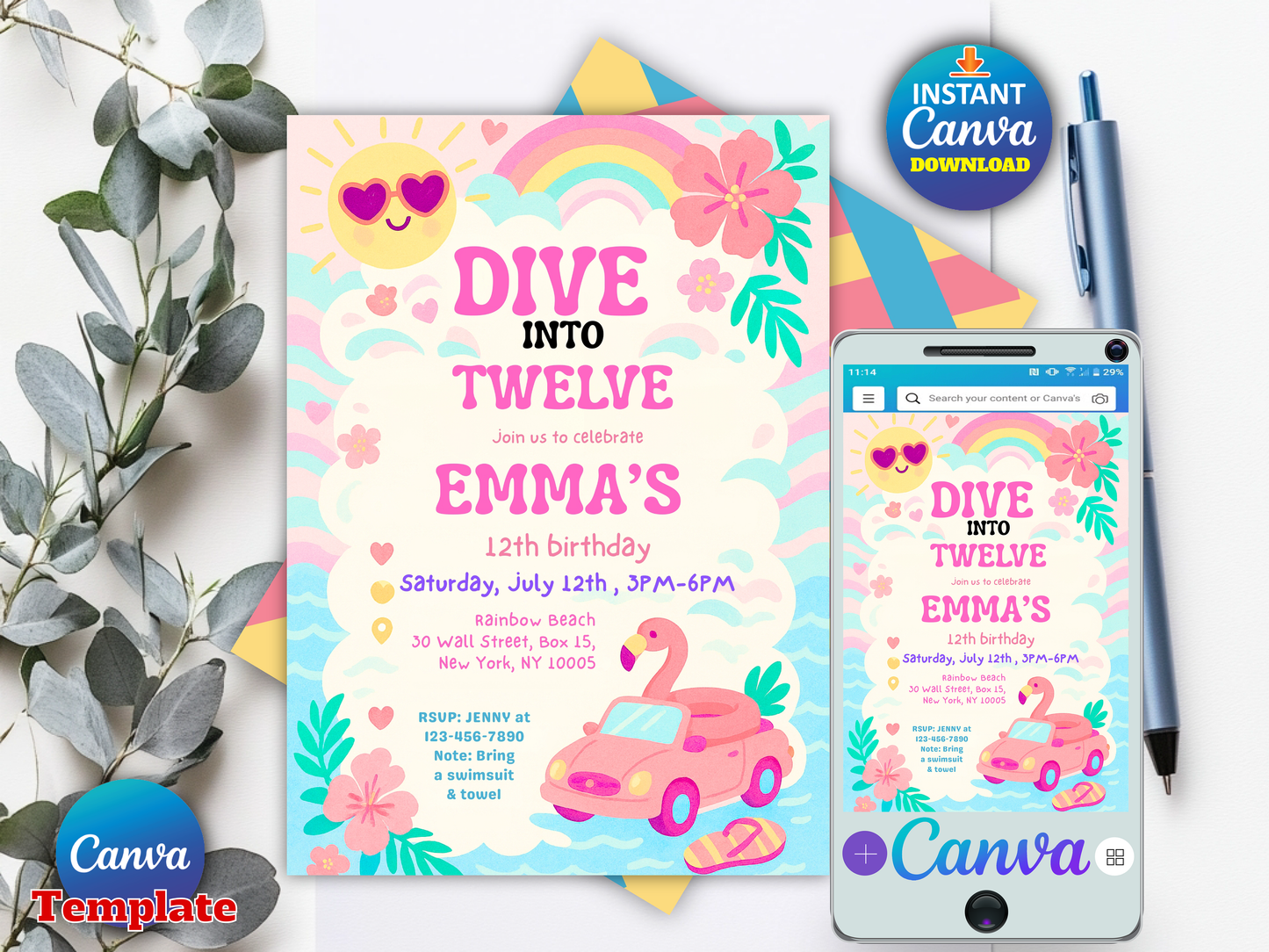 Dive into twelve 12th birthday invitation retro rainbow flamingo pool design