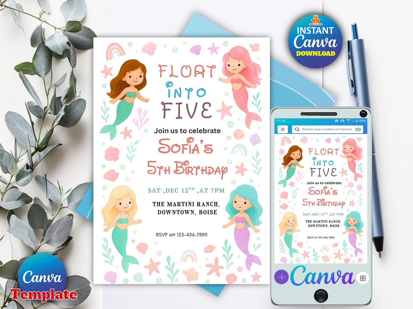 Editable Mermaid 5th Birthday Invitation Template – Float Into Five Girl Birthday Party Invite Canva