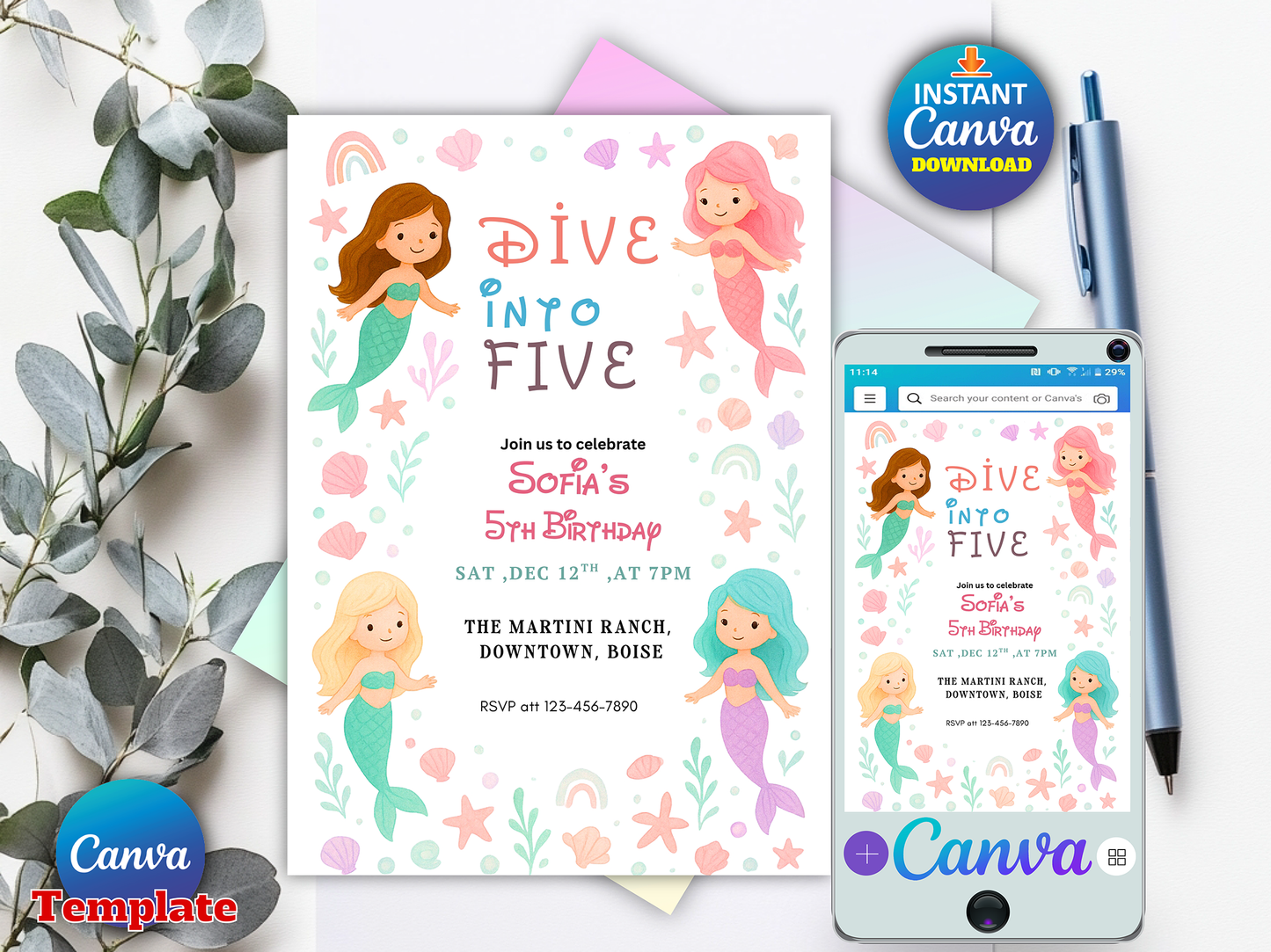 Editable Mermaid Float Into Five Birthday Party Invitation Cute Whimsical Girly Mermaid Under The Sea Mermaid Birthday Instant Download