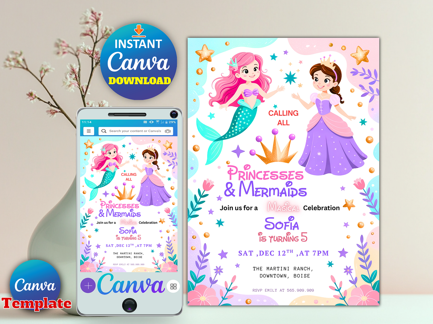 Editable Mermaid And Princess Birthday Invitation Princess And Mermaid Magical Birthday Party Fairytale Birthday Instant Download
