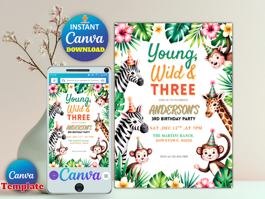 Young Wild and Three Birthday Invitation Editable Template, Safari Jungle 3rd Birthday Invite, Zoo Animals Party, Canva Template